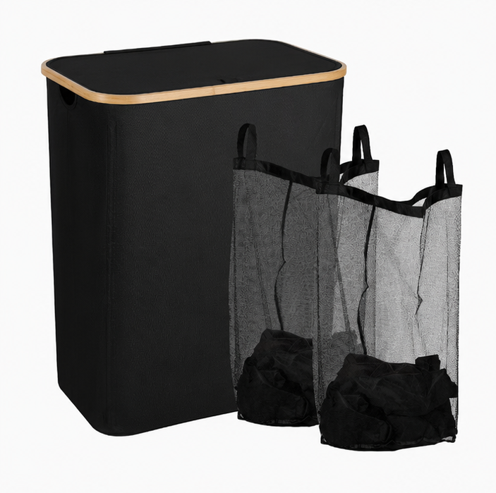 koš na prádlo, objem 145 l, s víkem, pano/bambus, 78x64x43 cm, černá/přírodní, KP20260009