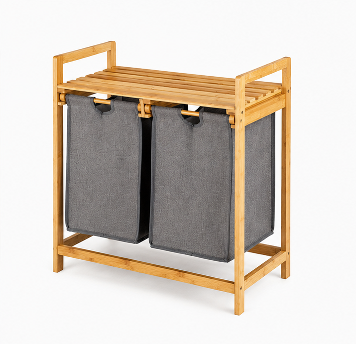 koš na prádlo, objedm 85 l, bambus/látka, 73x64x33 cm, přírodní/šedá, KP20260030