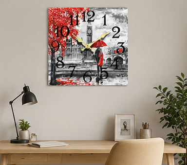 nástěnné hodiny, čtvercové, dřevo, 30x30 cm, vzor láska v dešti, HN20260016