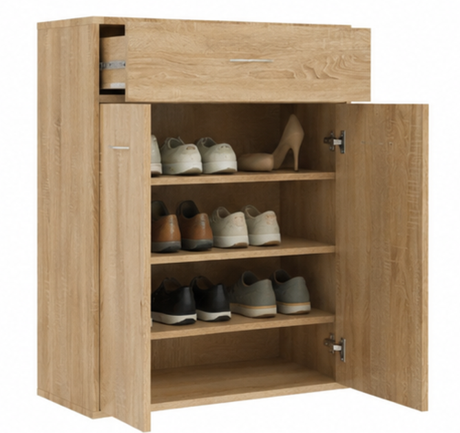 skříňka na boty, botník, 1 zásuvka, 2 dvířka, dřevo, 85x61x36 cm, dub sonoma, BB20260062