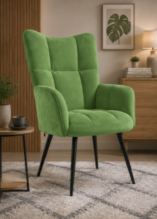 křeslo relaxační, odpočinkové, ušák, kov/samet, 98x63x69 cm, černá/světle zelená, KR20260004